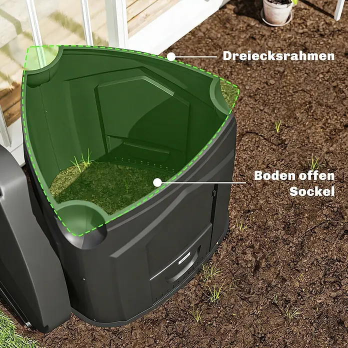 Outsunny Komposter - 240 l - Dunkler Komposter mit offenem Boden, innen Erde und Pflanzen, draußen auf Gartenerde stehend.