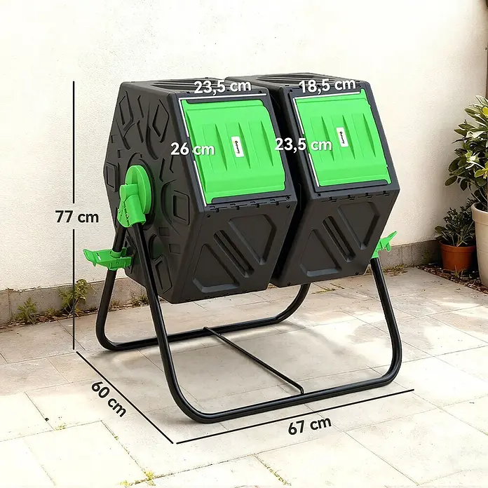 Outsunny Komposter - 130 l, 67 x 60 x 77 cm - Schwarzer Doppelkammer-Drehkomposter mit grünen Deckeln auf schwarzem Gestell. Gesamtmaße: 77cm H, 60cm T, 67cm B.