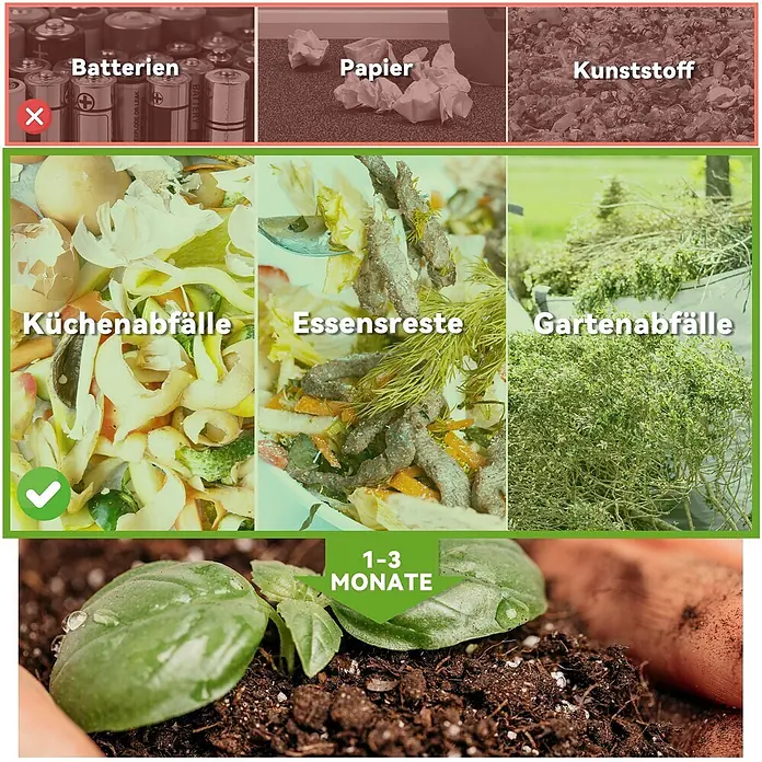 Outsunny Komposter - 130 l, 67 x 60 x 77 cm - Infografik zu Kompostierung: Zeigt kompostierbare Abfälle (Küche, Essen, Garten) und nicht kompostierbare (Batterien, Papier, Plastik) sowie Pflanzen nach 1-3 Monaten.