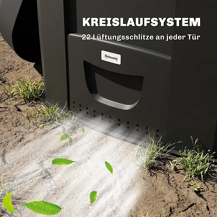 Outsunny Komposter - 240 l - Dunkelgraue Außenschuppentür mit Lüftungsschlitzen unten, zeigt Luftzirkulation im Freien.