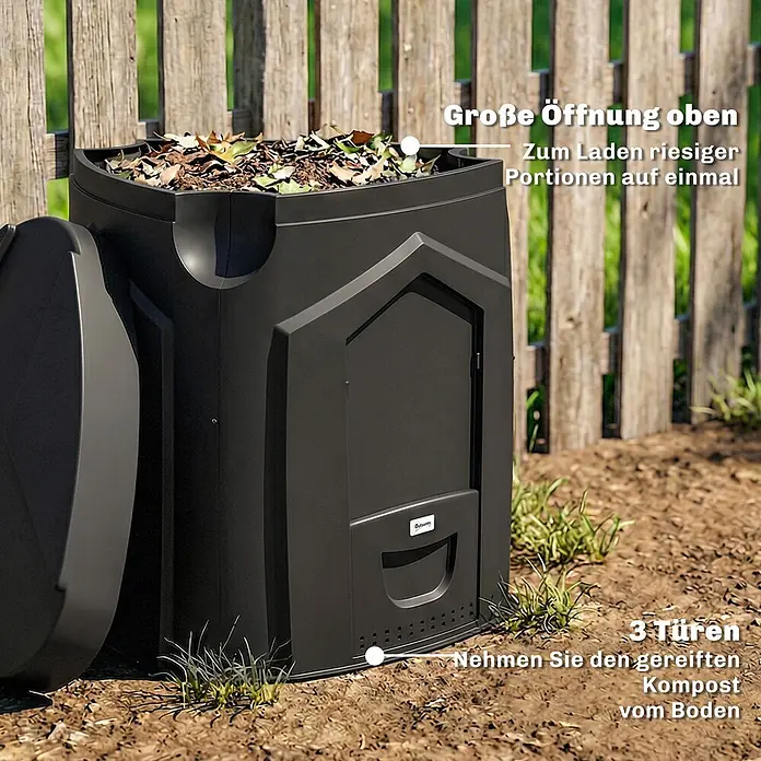 Outsunny Komposter - 240 l - Schwarzer Komposter im Garten. Große Öffnung oben zum Befüllen und drei Türen unten zur Kompostentnahme.
