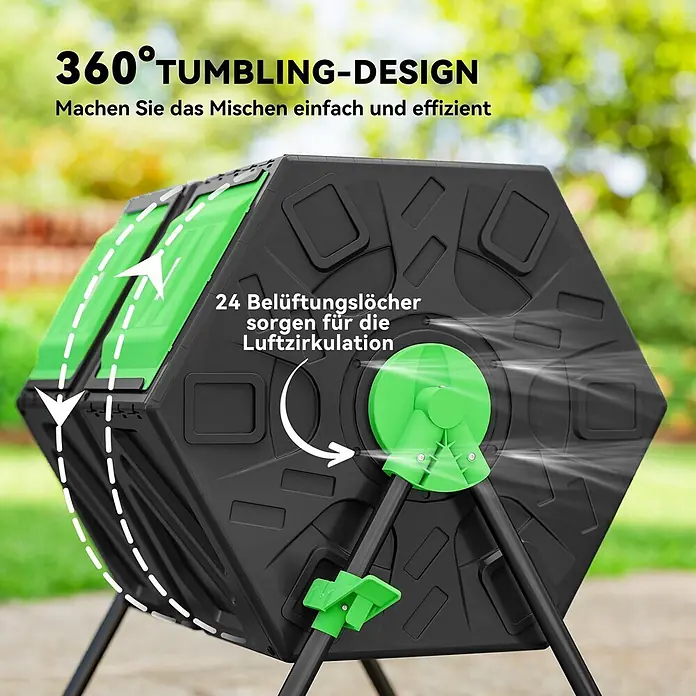Outsunny Komposter - 130 l, 67 x 60 x 77 cm - Schwarzer und grüner Trommelkomposter mit 360°-Drehdesign und 24 Belüftungslöchern für effizientes Mischen und Luftzirkulation.