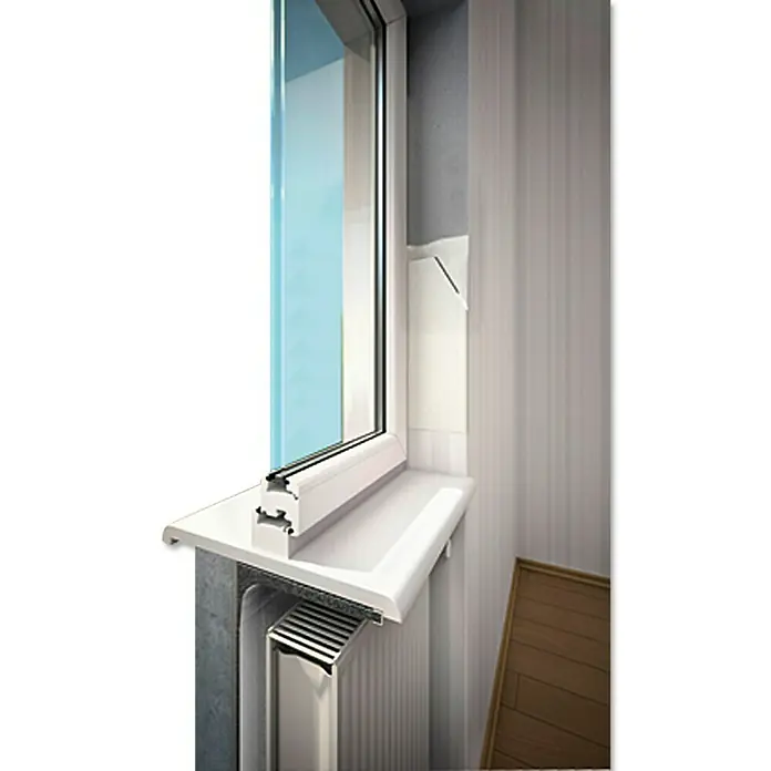 Solid Elements Fensterlaibungs-Dämmung - 1.250 x 260 x 10 mm, 4 Stk. - Nahaufnahme eines Fensters mit weißer Fensterbank, einem Heizkörper darunter und einem Blick ins Freie.