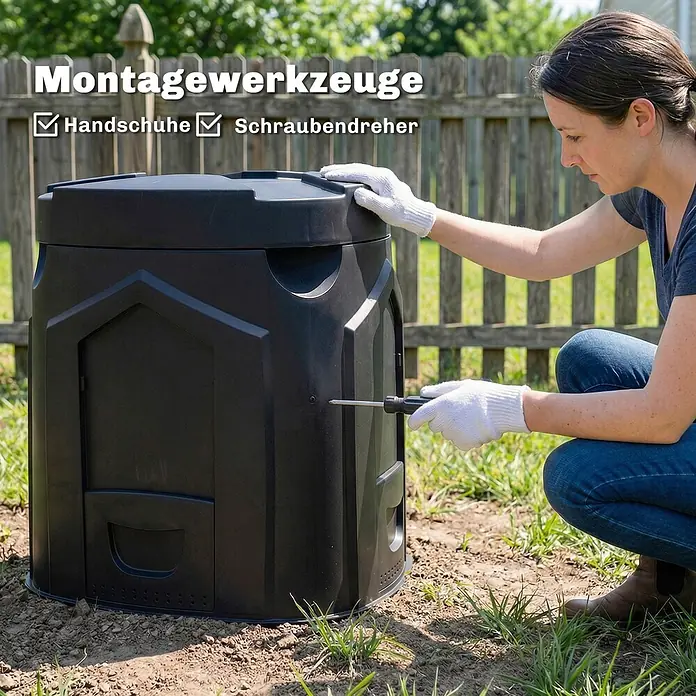 Outsunny Komposter - 240 l - Schwarzer Kunststoff-Komposter wird von einer Person mit Schraubendreher und Handschuhen im Freien montiert.