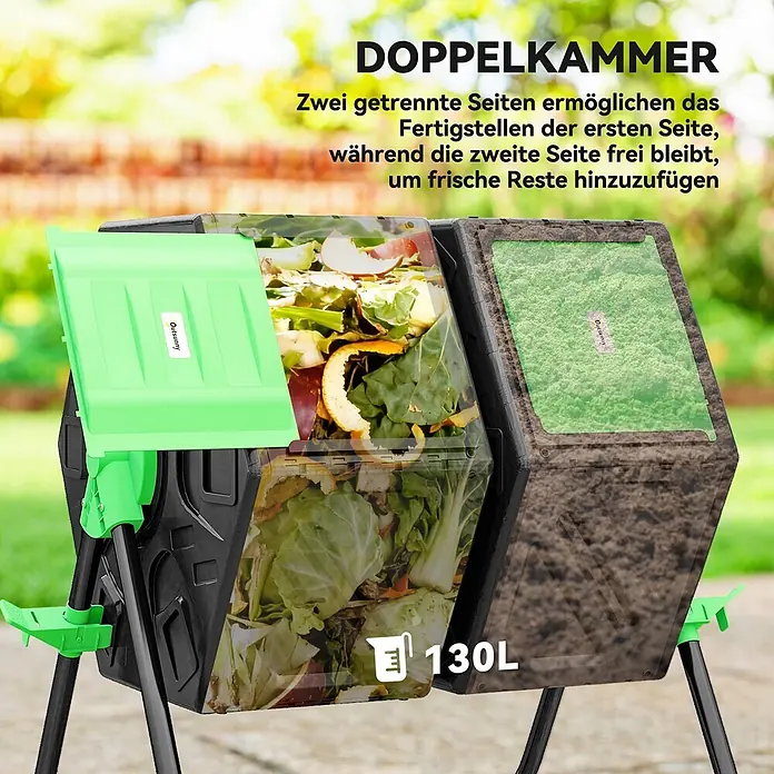 Outsunny Komposter - 130 l, 67 x 60 x 77 cm - Schwarzer und grüner 130L Doppelkammer-Komposter mit einer Seite voller frischer Abfälle und der anderen in Kompostierung, im Freien.