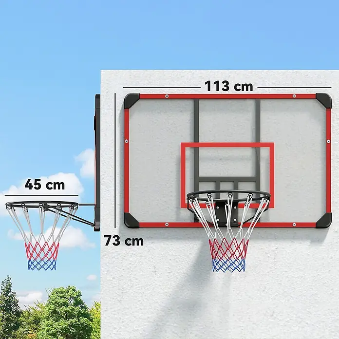 Sportnow Basketballkorb - Stahl, Schwarz, Transparent, Rot - Wandmontiertes Basketballbrett (113x73 cm) mit transparentem Paneel, rotem Rahmen und 45 cm Durchmesser Korb.