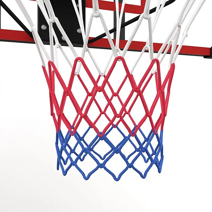 Sportnow Basketballkorb - Stahl, Schwarz, Transparent, Rot - Basketballnetz mit weißen, roten und blauen geflochtenen Seilen, an einem schwarzen und roten Korb befestigt.