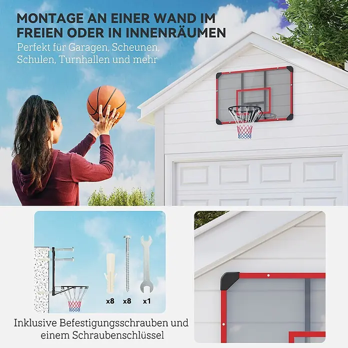 Sportnow Basketballkorb - Stahl, Schwarz, Transparent, Rot - Rotes Mini-Basketballbrett für Innen- und Außenwände, inklusive transparentem Backboard und Befestigungsmaterial.
