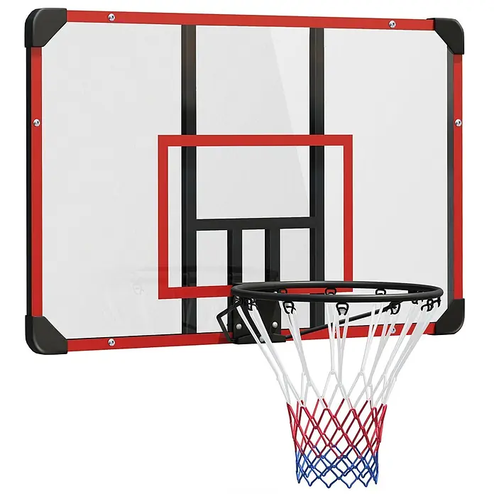 Sportnow Basketballkorb - Stahl, Schwarz, Transparent, Rot - Ein Basketballkorb mit transparenter Platte, rotem Rahmen und rot-weiß-blauem Netz.
