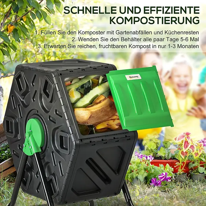 Outsunny Komposter - 65 l - Schwarzer Komposter mit grünen Akzenten, gefüllt mit organischen Abfällen in einem Garten, bereit zur Kompostierung.