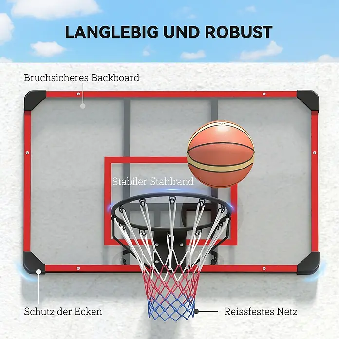 Sportnow Basketballkorb - Stahl, Schwarz, Transparent, Rot - Robustes Basketballset mit transparenter Rückwand, rotem Rahmen, Stahlrand und mehrfarbigem Netz, ein Basketball über dem Korb.