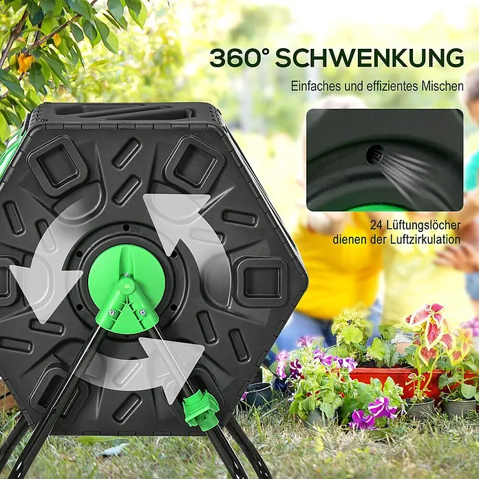 Outsunny Komposter - 65 l - Schwarzer drehbarer Komposter mit grünen Teilen im Garten. Ideal zum effizienten Mischen und Kompostieren.