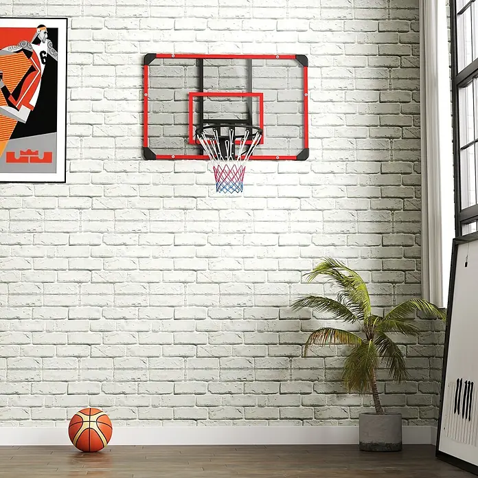 Sportnow Basketballkorb - Stahl, Schwarz, Transparent, Rot - Wandmontierter Mini-Basketballkorb mit transparenter Platte, rotem Rahmen und rot-weiß-blauem Netz.