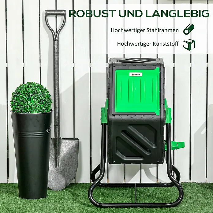 Outsunny Komposter - 65 l - Robuster, schwarz-grüner Rotationskomposter auf Stahlgestell, aus hochwertigem Kunststoff für den Garten.
