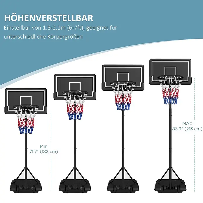 Sportnow Basketballkorb - Stahl, Schwarz - Höhenverstellbarer schwarzer Basketballkorb mit rot-weiß-blauem Netz, verstellbar von 1,8m bis 2,1m für unterschiedliche Spielergrößen.