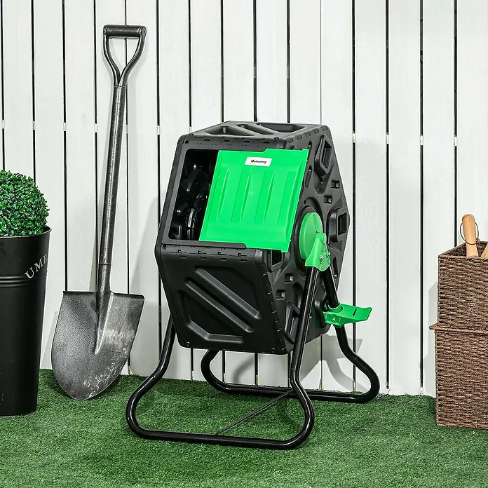 Outsunny Komposter - 65 l - Schwarzer drehbarer Komposter mit grünem Deckel auf Ständer, ideal für die Kompostierung im Freien.