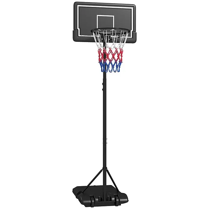 Sportnow Basketballkorb - Stahl, Schwarz - Tragbarer Basketballkorb mit schwarzem Brett, rot-weiß-blauem Netz und verstellbarem schwarzem Ständer mit beschwertem Fuß.