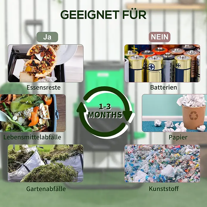 Outsunny Komposter - 65 l - Übersicht zur Kompostierung: Ja für Essensreste, Lebensmittel- und Gartenabfälle, Nein für Batterien, Papier, Kunststoff. Dauer: 1-3 Monate.