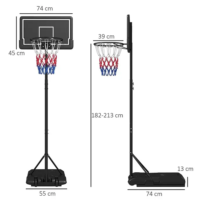 Sportnow Basketballkorb - Stahl, Schwarz - Schwarzer mobiler Basketballständer mit 74x45cm Backboard, 39cm Ring und 182-213cm verstellbarer Höhe, auf 74x55x13cm Basis.
