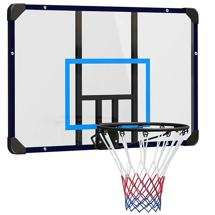 Sportnow Basketballkorb - Stahl, Schwarz, Transparent, Blau - Transparente Acryl-Basketballkorb-Rückwand mit blauem Rahmen, blauer Zielfeld-Markierung, schwarzer Halterung und rot-weiß-blauem Netz.
