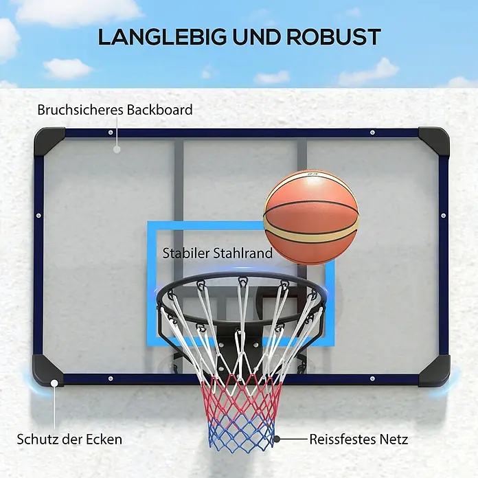 Sportnow Basketballkorb - Stahl, Schwarz, Transparent, Blau - Langlebiger Basketballkorb mit bruchsicherem Backboard, stabilem Stahlrand, Eckenschutz und reißfestem Netz mit Ball.