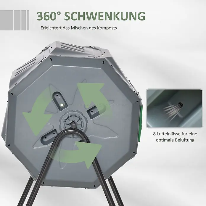 Outsunny Komposter - 160 l, 71 x 65 x 96 cm - Grauer Kunststoff-Komposter auf Metallgestell, für 360°-Drehung und mit Belüftungslöchern für optimales Kompostieren.
