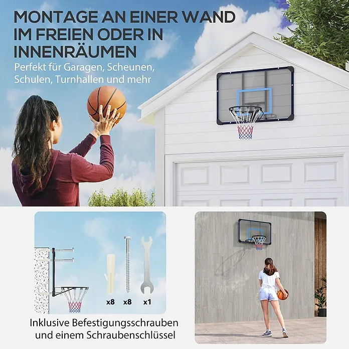 Sportnow Basketballkorb - Stahl, Schwarz, Transparent, Blau - Wandmontierter Basketballkorb mit transparenter Platte und blauem Rahmen für drinnen/draußen. Inklusive Befestigungsschrauben und Schraubenschlüssel.