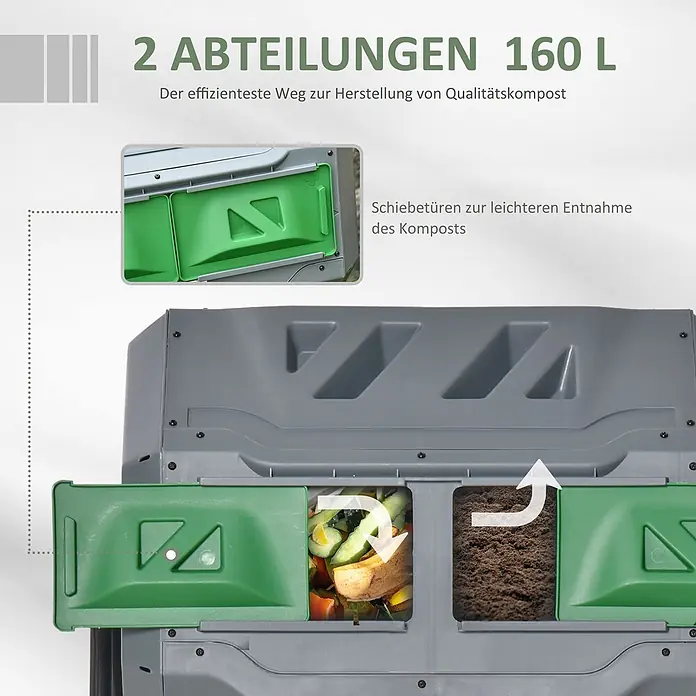 Outsunny Komposter - 160 l, 71 x 65 x 96 cm - Grauer Zweikammer-Komposter mit grünen Schiebetüren, der Bioabfall zu Erde verarbeitet.