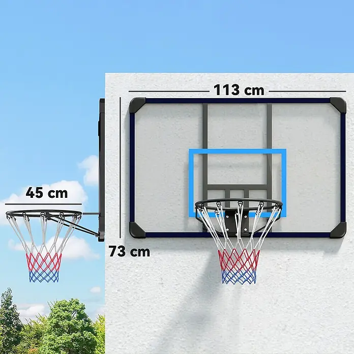 Sportnow Basketballkorb - Stahl, Schwarz, Transparent, Blau - Wandmontierter Basketballkorb mit klarer Platte (113x73cm) und 45cm Korbdurchmesser, außen und montiert dargestellt.