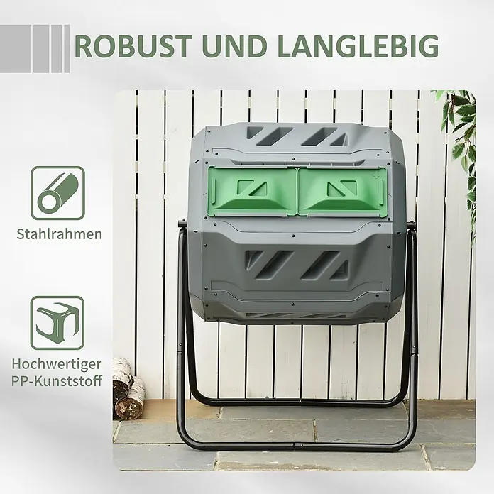 Outsunny Komposter - 160 l, 71 x 65 x 96 cm - Robuster grau-grüner Kompostbehälter auf Stahlrahmen, aus strapazierfähigem PP-Kunststoff für den Außenbereich.