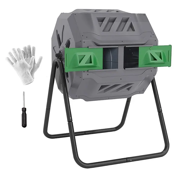 Outsunny Komposter - 160 l, 71 x 65 x 96 cm - Grauer drehbarer Kompostbehälter mit grünen Türen auf einem schwarzen Ständer, dazu weiße Handschuhe und ein Schraubendreher.