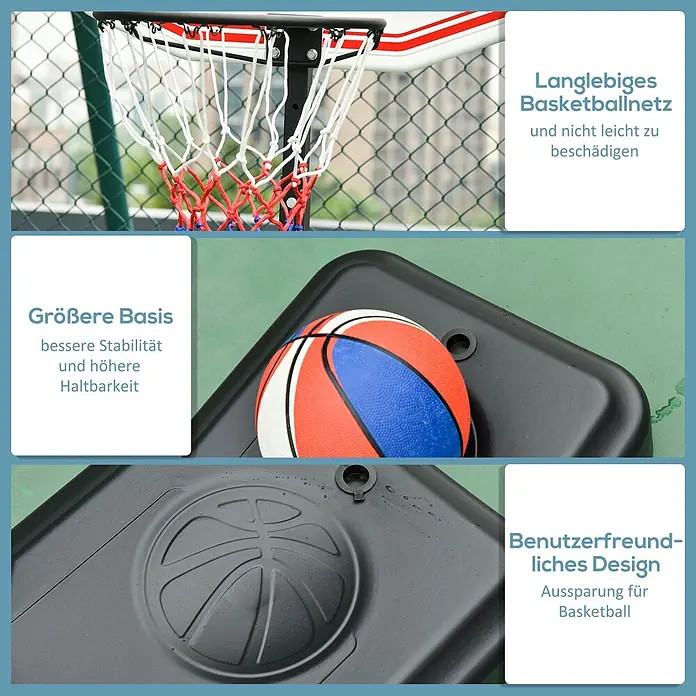 Homcom Basketballkorb - 73 x 49 x 194 cm, Weiß, Rot - Tragbares Basketballsystem. Zeigt ein langlebiges Netz, eine große, stabile schwarze Basis mit Basketballaussparung und einen rot-weiß-blauen Basketball.