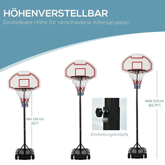 Homcom Basketballkorb - 73 x 49 x 194 cm, Weiß, Rot - Verstellbarer Basketballkorb mit weißem Backboard und schwarzem Ständer, gezeigt in verschiedenen Höhen von 155cm bis 210cm.