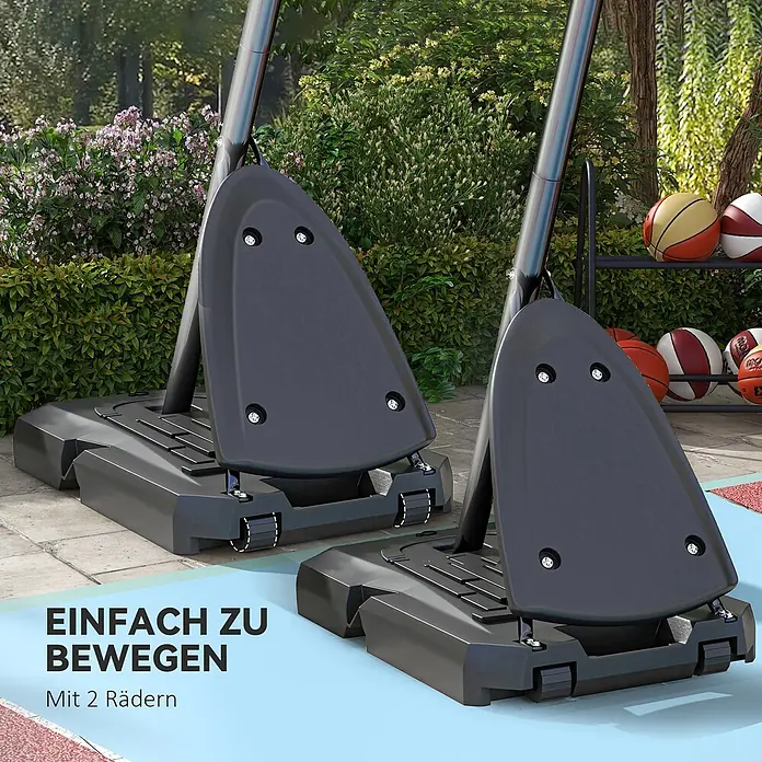 Sportnow Basketballkorb - Stahl, Schwarz - Zwei dunkelgraue Basketballkorb-Basen mit Rädern auf einem Außenplatz.