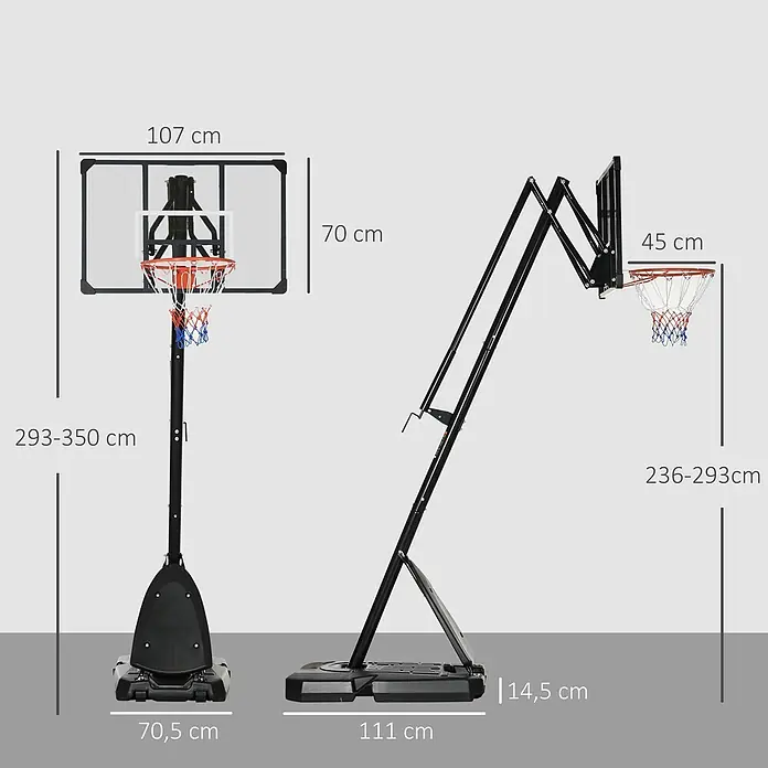 Sportnow Basketballkorb - Stahl, Schwarz - Schwarze verstellbare Basketballanlage mit klarer 107x70cm Rückwand, orangefarbenem Ring, mehrfarbigem Netz. Höhen: 293-350cm, 236-293cm.