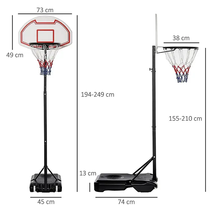 Homcom Basketballkorb - 73 x 49 x 194 cm, Weiß, Rot - Höhenverstellbarer tragbarer Basketballkorb mit weißem Backboard, schwarzem Ständer und schwarzer Basis, mit Maßen.