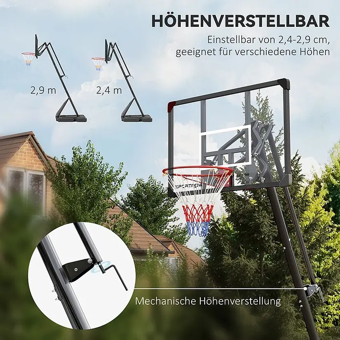 Sportnow Basketballkorb - Stahl, Schwarz - Höhenverstellbarer Basketballkorb (2,4m bis 2,9m) mit mechanischer Verstellung, im Freien gezeigt.