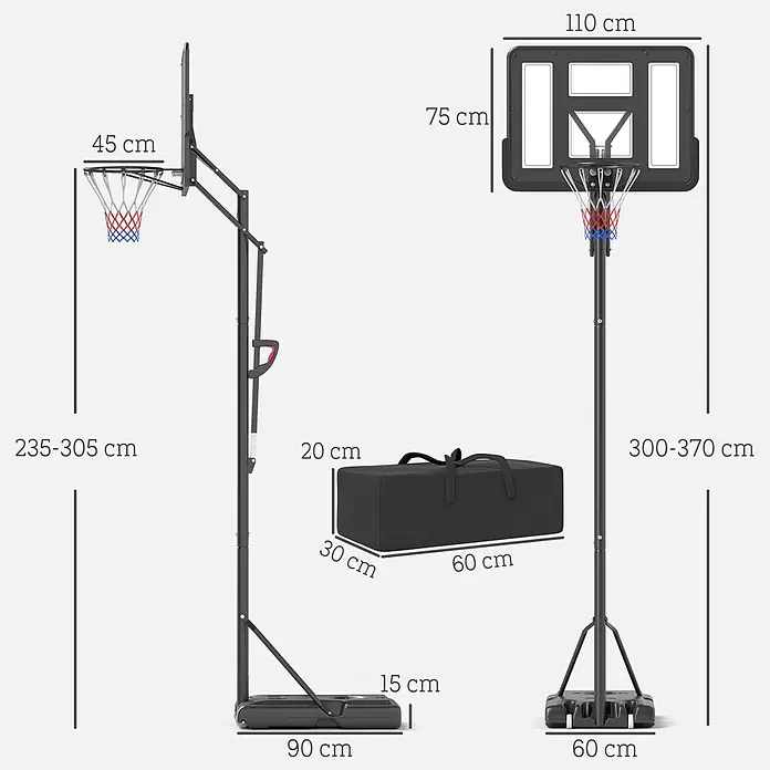 Sportnow Basketballkorb - Stahl, Schwarz - Schwarzer verstellbarer Basketballkorb mit Maßen von 235-370 cm Höhe, 110 cm breitem Backboard und Tragetasche.