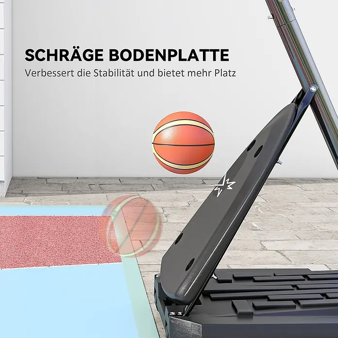 Sportnow Basketballkorb - Stahl, Schwarz - Schräge, schwarze Basketballkorb-Bodenplatte für erhöhte Stabilität und mehr Platz. Ein Basketball ist in Bewegung.