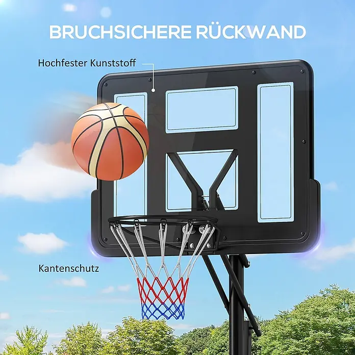 Sportnow Basketballkorb - Stahl, Schwarz - Tragbarer Basketballständer mit schwarzem Backboard aus bruchsicherem Kunststoff und rot-blauem Netz im Freien. Ein Basketball fliegt auf den Korb zu.