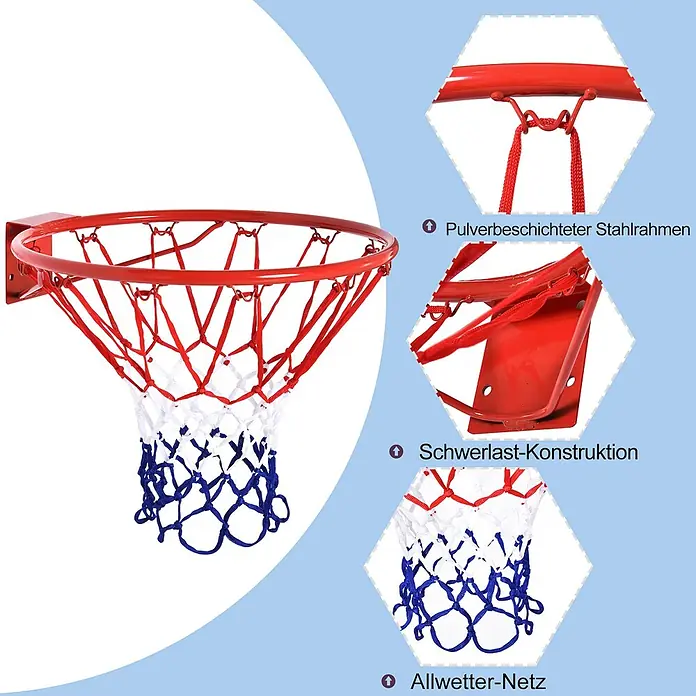Homcom Basketballkorb - Metall, Rot - Roter, pulverbeschichteter Basketballkorb aus Stahl mit einem rot-weiß-blauen Allwetter-Netz, der seine robuste Konstruktion zeigt.
