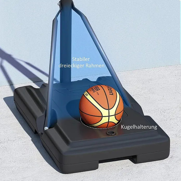 Sportnow Basketballkorb - Stahl, Schwarz - Schwarze Basis eines Basketballständers mit stabilem Dreiecksrahmen und integriertem Ballhalter mit Basketball.