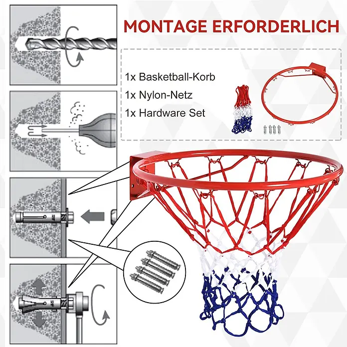Homcom Basketballkorb - Metall, Rot - Roter Basketballkorb mit rot-weiß-blauem Netz, gezeigt mit Montagezubehör und Installationsschritten zur Wandbefestigung.