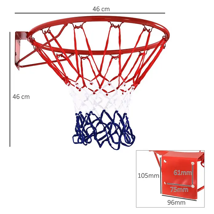 Homcom Basketballkorb - Metall, Rot - Roter Metall-Basketballkorb mit rot-weiß-blauem Netz. 46cm Durchmesser, 46cm Ausladung. Montagehalterung 105x96mm, Lochabstand 61x75mm.