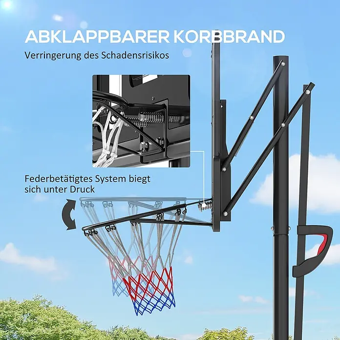 Sportnow Basketballkorb - Stahl, Schwarz - Schwarzer, federgelagerter Basketballkorb mit rot-blauem Netz, der sich nach unten biegt. Der abklappbare Korbring reduziert das Beschädigungsrisiko beim Spielen.