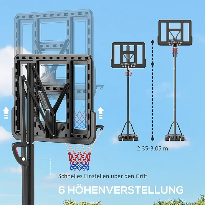 Sportnow Basketballkorb - Stahl, Schwarz - Schwarze, höhenverstellbare Basketballkorb-Anlage mit transparentem Backboard und rot/blauem Netz. 6 Höhenverstellungen von 2,35 bis 3,05 m.