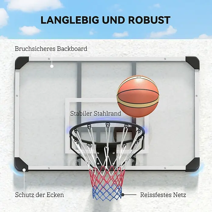 Sportnow Basketballkorb - Stahl, Schwarz, Transparent, Weiß - Langlebiger Basketballkorb mit bruchsicherem Backboard, stabilem Stahlrand und reißfestem, farbigem Netz.