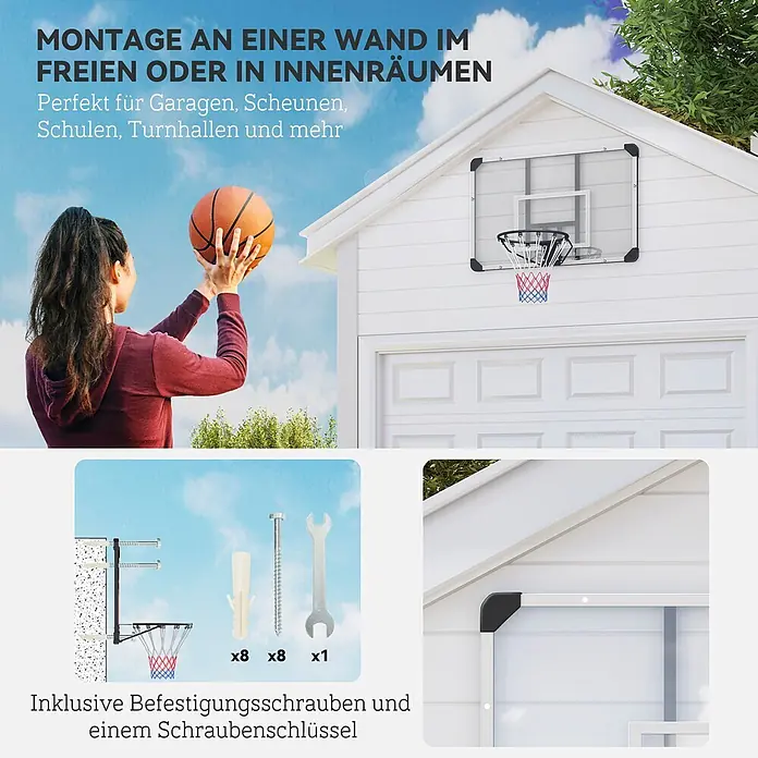 Sportnow Basketballkorb - Stahl, Schwarz, Transparent, Weiß - Wandmontiertes Basketballkorb-Set mit klarer Rückwand, für den Innen- und Außenbereich, inklusive Befestigungsschrauben und Schraubenschlüssel.