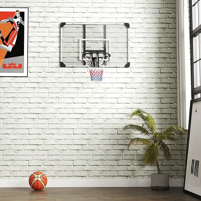 Sportnow Basketballkorb - Stahl, Schwarz, Transparent, Weiß - Durchsichtiger Mini-Basketballkorb mit weißem Rahmen und rot-blauem Netz, über einem Ball.
