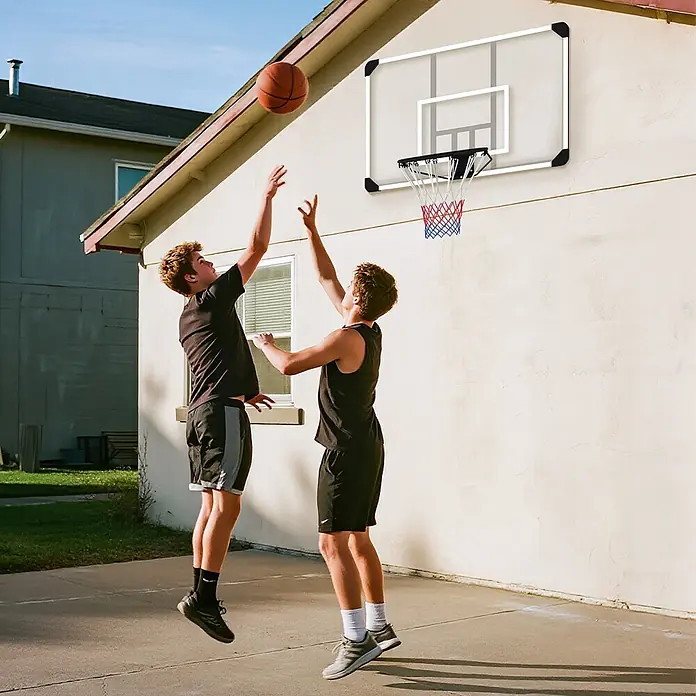Sportnow Basketballkorb - Stahl, Schwarz, Transparent, Weiß - Wandmontierter Basketballkorb mit transparenter Platte, schwarzem Ring und rot-weiß-blauem Netz, von zwei Spielern genutzt.